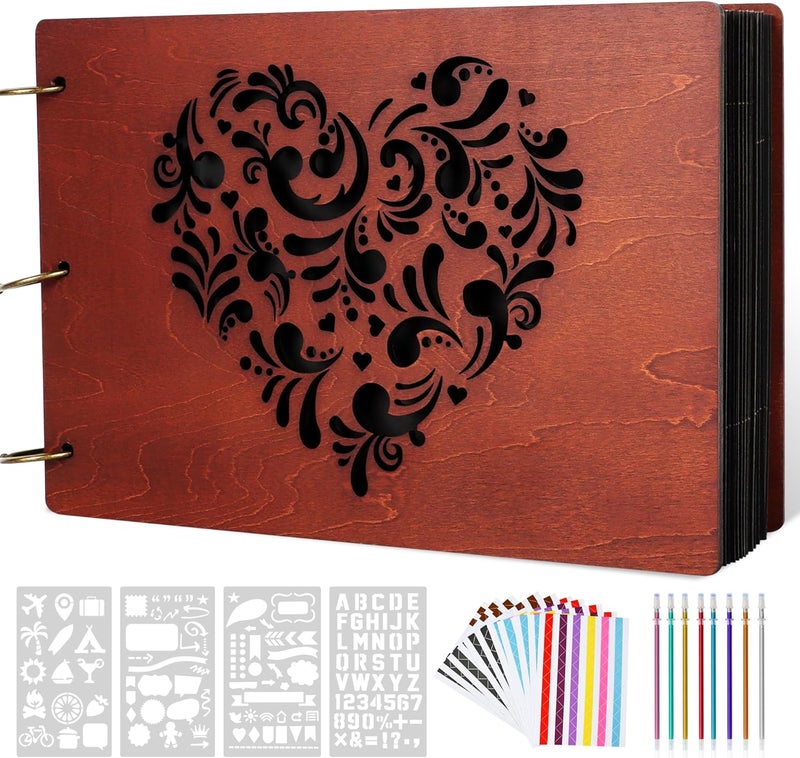 Giiffu Wooden Scrapbook Photo Album with Heart Design, DIY Memory Book, 100 Pages Personalized Scrapbooking Album, Romantic Gift for Wedding, Anniversary & Valentine’s Day - Image 1